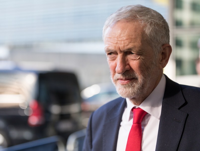 BRUSSELS, BELGIUM - FEBRUARY 21, 2019 : British Labour leader and Leader of the Opposition, Jeremy Corbyn is talking to media at the Berlaymont, the EU Commission headquarters on February 21, 2019 in Brussels, Belgium. Jeremy Corbyn and Labour's Brexit team just met the European Chief Negotiator for the United Kingdom Exiting the European Union Michel Barnier. (Photo by Thierry Monasse/Getty Images)