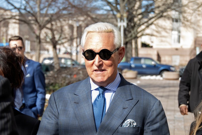 WASHINGTON, DC - FEBRUARY 21: Roger Stone arrives to appear in court on Thursday at the E. Barrett Prettyman U.S. Courthouse on February 21, 2019 in Washington, DC. Stone is back in court after a social media post he made that may have violated the terms of his release.(Photo by Alex Wroblewski/Getty Images)