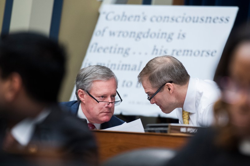 UNITED STATES - FEBRUARY 27: Rep. Mark Meadows, R-N.C., left, and ranking member Rep. Jim Jordan, R-Ohio, are seen during a House Oversight and Reform Committee hearing in Rayburn Building featuring testimony by Michael Cohen, former attorney for President Donald Trump, on Russian interference in the 2016 election on Wednesday, February 27, 2019. (Photo By Tom Williams/CQ Roll Call)