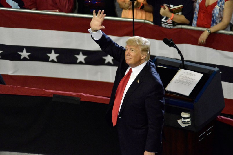 President Donald Trump greets supporters at a April 29, 2017 rally in Harrisburg, PA. The “Make America Great Again” event is to celebrate the president’s first 100 days in office and to campaign for the 2020 US Presidential Elections. (Photo by Bastiaan Slabbers/NurPhoto)