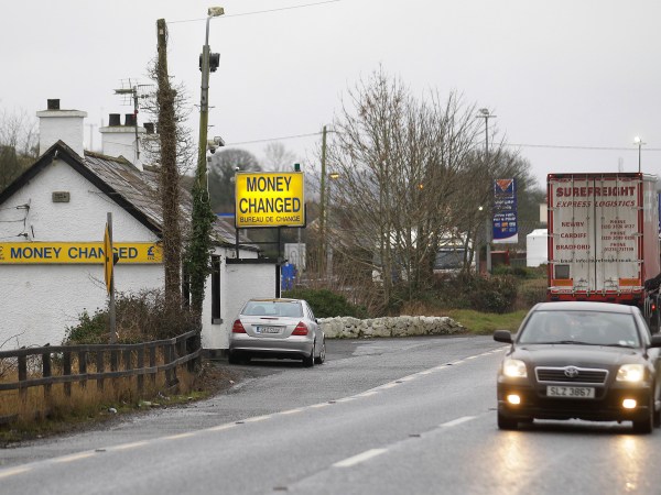 A bureau de change on the Irish Republic Northern Ireland border near the town of Jonesborough, Northern Ireland, Monday, Jan. 30, 2017. The British Prime Minister Theresa May is due to meet the Irish Prime Minister Enda Kenny later Monday to discuss Britain leaving the EU. (AP Photo/Peter Morrison)