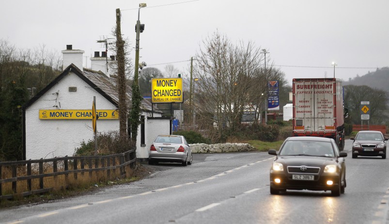 A bureau de change on the Irish Republic Northern Ireland border near the town of Jonesborough, Northern Ireland, Monday, Jan. 30, 2017. The British Prime Minister Theresa May is due to meet the Irish Prime Minister Enda Kenny later Monday to discuss Britain leaving the EU. (AP Photo/Peter Morrison)