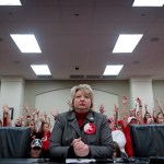 Kentucky Education Association President Stephanie Winkler speaks during a hearing on a bill that will change how individuals are nominated to the Kentucky teachers retirement systems board of trustees, in Frankfort, Ky, Thursday, Feb 28, 2019. (AP Photo/Bryan Woolston)