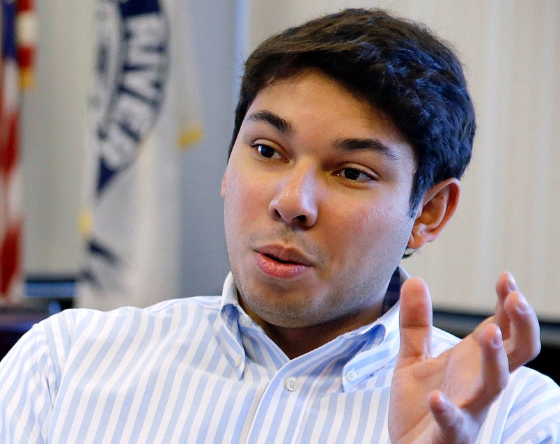 HOLD FOR OVERNIGHT STORY --- FILE - In this Jan. 6, 2016, file photo Fall River Mayor Jasiel Correia talks in his city hall office in Fall River, Mass. Correia was arrested Oct. 11, 2018, and charged with tax and wire fraud. He faces a recall election on Tuesday, March 12, 2019. (AP Photo/Stephan Savoia, File)