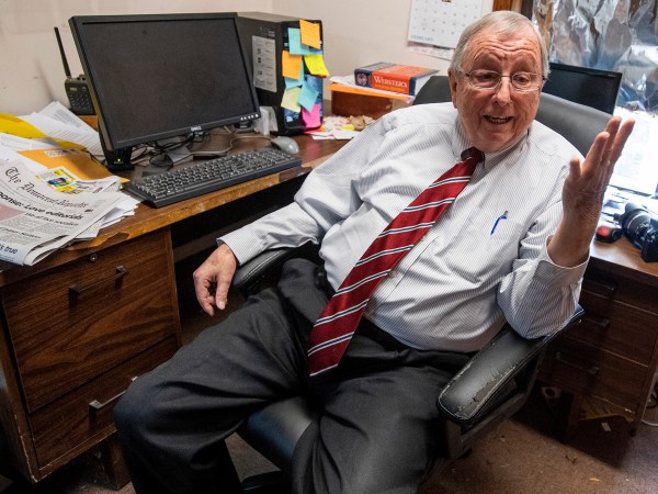 In this Thursday, Feb. 21, 2019 photo, Goodloe Sutton, publisher of the Democrat-Reporter newspaper, speaks during an interview at the newspaper's office in Linden, Ala. Sutton, who advocated for a revival of the Ku Klux Klan in a newspaper editorial, is turning over control to a black woman. The Democrat-Reporter, announced Friday, Feb. 22, 2019, that Elecia R. Dexter is taking over as the paper's publisher and editor from Sutton. (Mickey Welsh/The Montgomery Advertiser via AP)