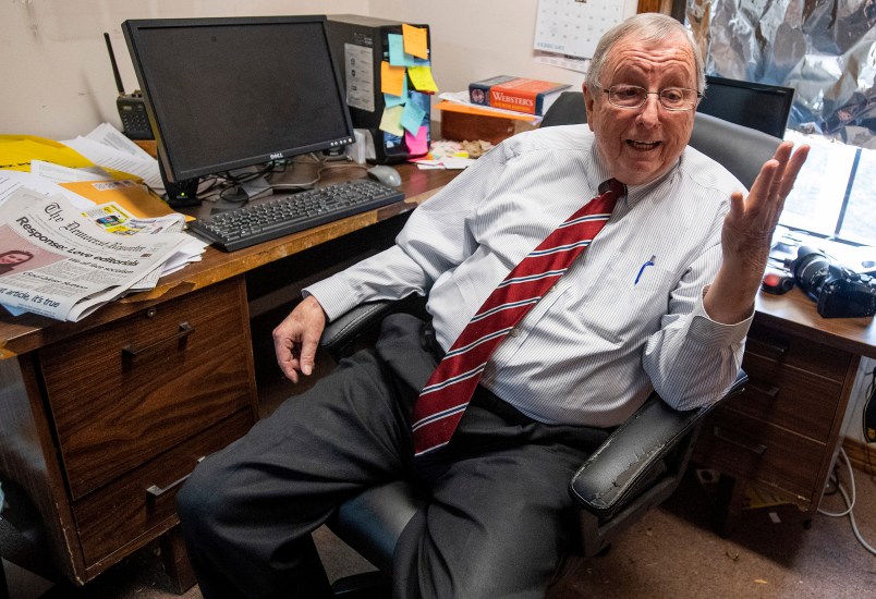 In this Thursday, Feb. 21, 2019 photo, Goodloe Sutton, publisher of the Democrat-Reporter newspaper, speaks during an interview at the newspaper's office in Linden, Ala. Sutton, who advocated for a revival of the Ku Klux Klan in a newspaper editorial, is turning over control to a black woman. The Democrat-Reporter, announced Friday, Feb. 22, 2019, that Elecia R. Dexter is taking over as the paper's publisher and editor from Sutton. (Mickey Welsh/The Montgomery Advertiser via AP)