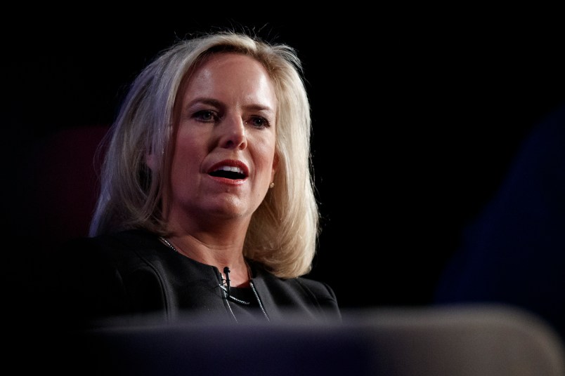 Homeland Security Secretary Kirstjen Nielsen speaks at George Washington University's Jack Morton Auditorium in Washington, Monday, March 18, 2019 (AP Photo/Carolyn Kaster)