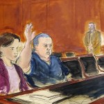 FILE- This Nov. 6, 2018 file courtroom sketch, pipe bomb suspect Cesar Sayoc raises his arm to swear to the truth of his statement of need for assigned counsel, during his presentment in Manhattan Federal Court in New York. he Florida man who authorities say sent pipe bombs to prominent critics of President Donald Trump, is expected to plead guilty in Manhattan federal court on Thursday, March 21, 2019. (Elizabeth Williams via AP)