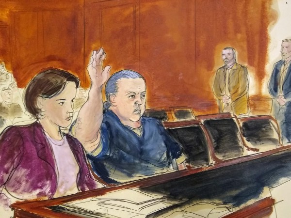 FILE- This Nov. 6, 2018 file courtroom sketch, pipe bomb suspect Cesar Sayoc raises his arm to swear to the truth of his statement of need for assigned counsel, during his presentment in Manhattan Federal Court in New York. he Florida man who authorities say sent pipe bombs to prominent critics of President Donald Trump, is expected to plead guilty in Manhattan federal court on Thursday, March 21, 2019. (Elizabeth Williams via AP)
