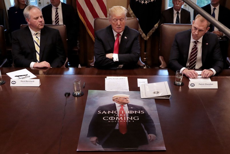 WASHINGTON, DC - JANUARY 02: U.S. President Donald Trump (C) leads a meeting of his Cabinet, including (L-R) Health and Human Services Secretary Alex Azar, acting Interior Secretary David Bernhardt, and acting Defense Secretary Patrick Shanahan, in the Cabinet Room at the White House January 02, 2019 in Washington, DC. A partial federal government shutdown entered its 12th day as Trump and House Democrats are at an impasse over funding for border security, including the president’s demand for $5 billion for a wall along the U.S.-Mexico border. (Photo by Chip Somodevilla/Getty Images)