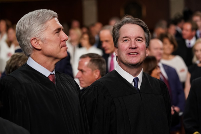 FEBRUARY 5, 2019 - WASHINGTON, DC: Supreme Court  Neil Gorsuch, left, and Brett Kavanaugh at the Capitol in Washington, DC on February 5, 2019. (Doug Mills/The New York Times POOL PHOTO) NYTSOTU