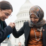 UNITED STATES - FEBRUARY 07: Reps. Alexandria Ocasio-Cortez, D-N.Y., left, and Ilhan Omar, D-Minn., attend a rally on the East Front of the Capitol to call on Congress to defund Immigration and Customs Enforcement (ICE) and U.S. Customs and Border Protection (CBP) on Thursday, February 7, 2019. (Photo By Tom Williams/CQ Roll Call)