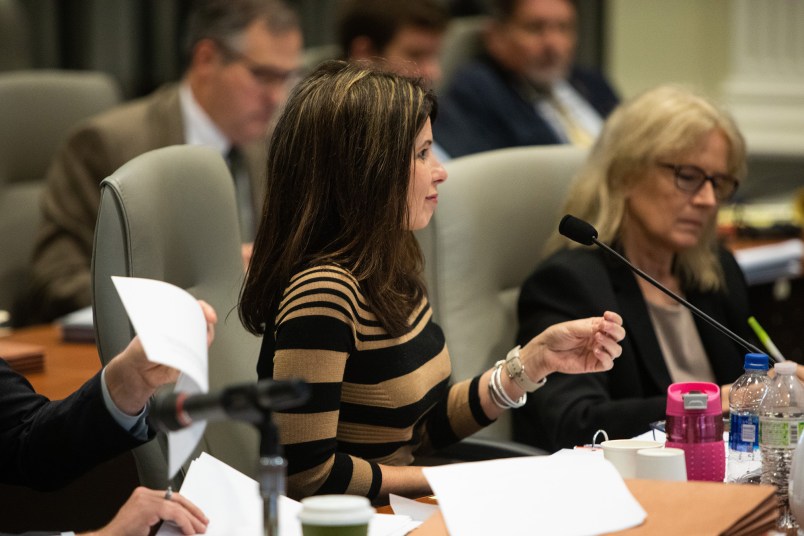 Kim Westbrook Strach, executive director of the Bipartisan State Board of Elections & Ethics Enforcement, questions Mark Harris during the fourth day of a public evidentiary hearing on the 9th Congressional District's voting irregularities investigation on Thursday, Feb. 21, 2019, at the North Carolina State Bar in Raleigh, N.C. (Travis Long/Raleigh News & Observer/TNS)