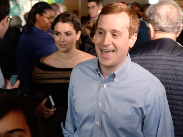 Democrat Dan McCready makes his way through the crowd at The Dreamchaser's Brewery on Friday, Feb. 22, 2019 in Waxhaw, N.C. Following Thursday's decisive 5-0 vote by the North Carolina State Board of Elections in favor of a new election for the 9th Congressional District, McCready held a rally for supporters. (Jeff Siner/Charlotte Observer/TNS)