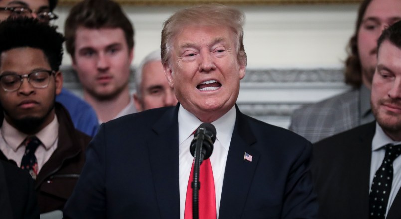 U.S. President Donald Trump participates in a photo opportunity with the 2018 Division I FCS National Champions: The North Dakota State Bison in the East Room of the White House on March 4, 2019 in Washington, DC.(Photo by Oliver Contreras/SIPA USA)