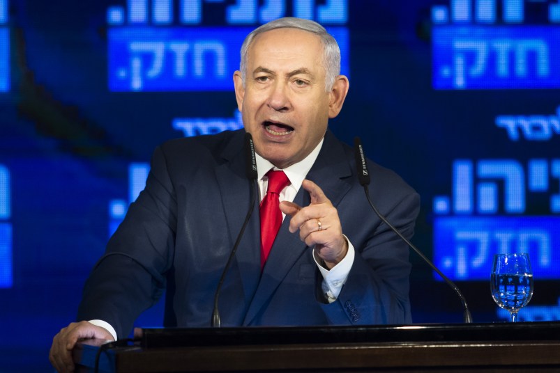 RAMAT GAN, ISRAEL - MARCH 04:  Israel's Prime Minster Benjamin Netanyahu delivers a speech during the launch of the Likud party election campaign on March 4, 2019 in Ramat Gan, Israel.  (Photo by Amir Levy/Getty Images)