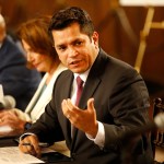 LOS ANGELES, CA â€“ AUGUST 16, 2017: Congressman Jimmy Gomez, center, with House Democratic Leader Nancy Pelosi, left and Mayor Eric Garcetti, right, talk during a conference Wednesday, August 16, 2017 at Los Angeles Union Station about the â€œBetter Dealâ€ economic agenda unveiled by House and Senate Democrats last month. (Al Seib / Los Angeles Times)