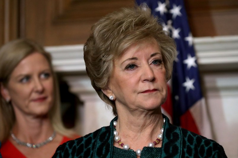 Senate Majority Leader Mitch McConnell (R-KY) and fellow Senate GOP leaders are joined by Small Business Administration Administrator Linda McMahon and representatives from small business interest organizations to rally for their tax reform legislation in the Mansfield Room at the U.S. Capitol November 28, 2017 in Washington, DC. Republicans in the Senate hope to pass their tax cut legislation this week and work with the House of Representatives to get a bill to President Donald Trump before Christmas.