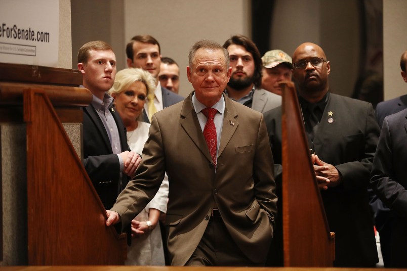 Republican Senatorial candidate Roy Moore concedes defeat against his Democratic opponent Doug Jones at his election night party in the RSA Activity Center on December 12, 2017 in Montgomery, Alabama. Mr. Moore lost the special election to replace Attorney General Jeff Sessions in the U.S. Senate.