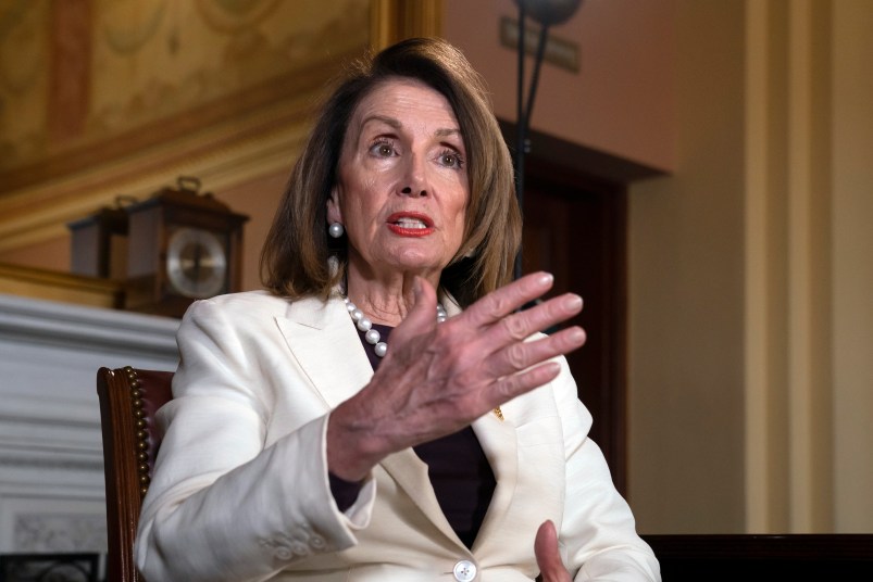 Speaker of the House Nancy Pelosi, D-Calif., reflects on her the first 100 days of the new Democratic House majority, the presidency of Donald Trump, and her power as the highest-ranking elected woman in United States history, during an interview with The Associated Press in her office at the Capitol in Washington, Wednesday, April 10, 2019. (AP Photo/J. Scott Applewhite)