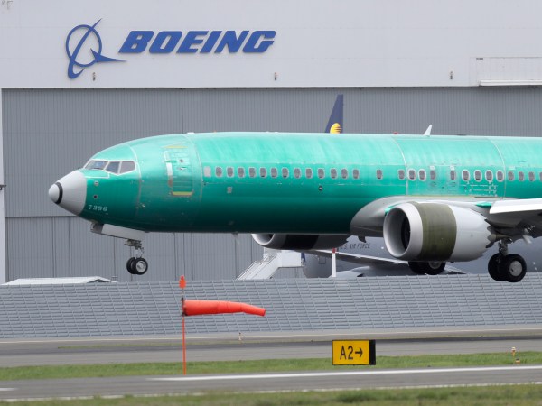A Boeing 737 MAX 8 airplane being built for India-based Jet Airways lands following a test flight, Wednesday, April 10, 2019, at Boeing Field in Seattle. Flight test and other non-passenger-bearing flights of the plane continue in the Seattle area where the plane is manufactured, as a world-wide grounding the the 737 MAX 8 continues, following fatal crashes of MAX 8's operated by Ethiopian Airlines and Lion Air. (AP Photo/Ted S. Warren)