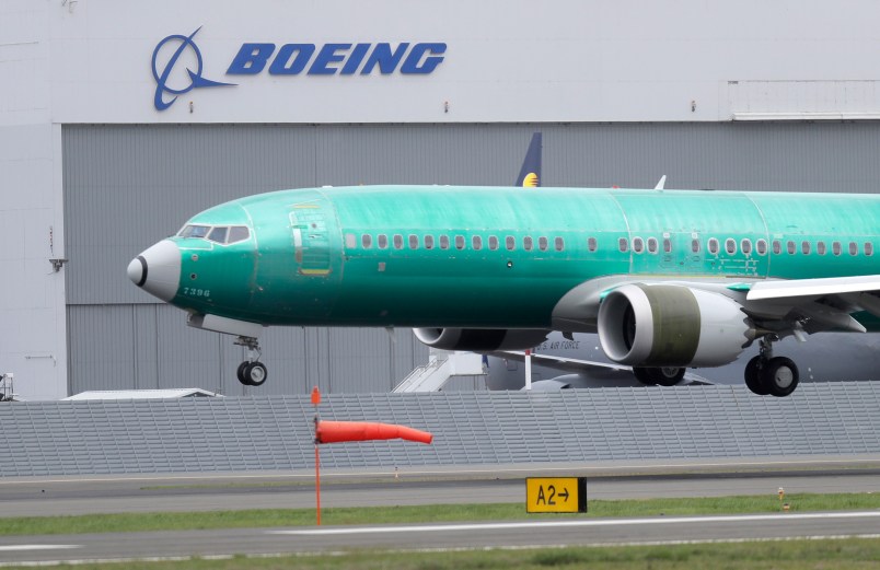 A Boeing 737 MAX 8 airplane being built for India-based Jet Airways lands following a test flight, Wednesday, April 10, 2019, at Boeing Field in Seattle. Flight test and other non-passenger-bearing flights of the plane continue in the Seattle area where the plane is manufactured, as a world-wide grounding the the 737 MAX 8 continues, following fatal crashes of MAX 8's operated by Ethiopian Airlines and Lion Air. (AP Photo/Ted S. Warren)