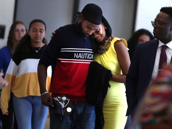 Clinton Jones Jr.,center, the brother of Corey Jones is seen leaving the Palm Beach County Courthouse with love ones on April 25th, 2019, after former police officer Nouman Raja was sentenced to 25 years in state prison for the fatal shooting Corey Jones on Oct. 18, 2015. Carline Jean / South Florida Sun Sentinel...SOUTH FLORIDA OUT; NO MAGS; NO SALES; NO INTERNET; NO TV...