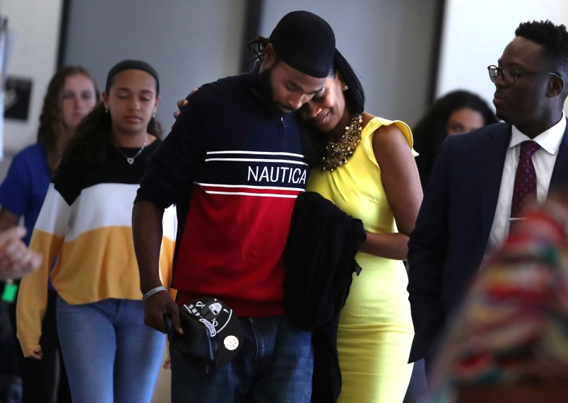 Clinton Jones Jr.,center, the brother of Corey Jones is seen leaving the Palm Beach County Courthouse with love ones on April 25th, 2019, after former police officer Nouman Raja was sentenced to 25 years in state prison for the fatal shooting Corey Jones on Oct. 18, 2015. Carline Jean / South Florida Sun Sentinel...SOUTH FLORIDA OUT; NO MAGS; NO SALES; NO INTERNET; NO TV...