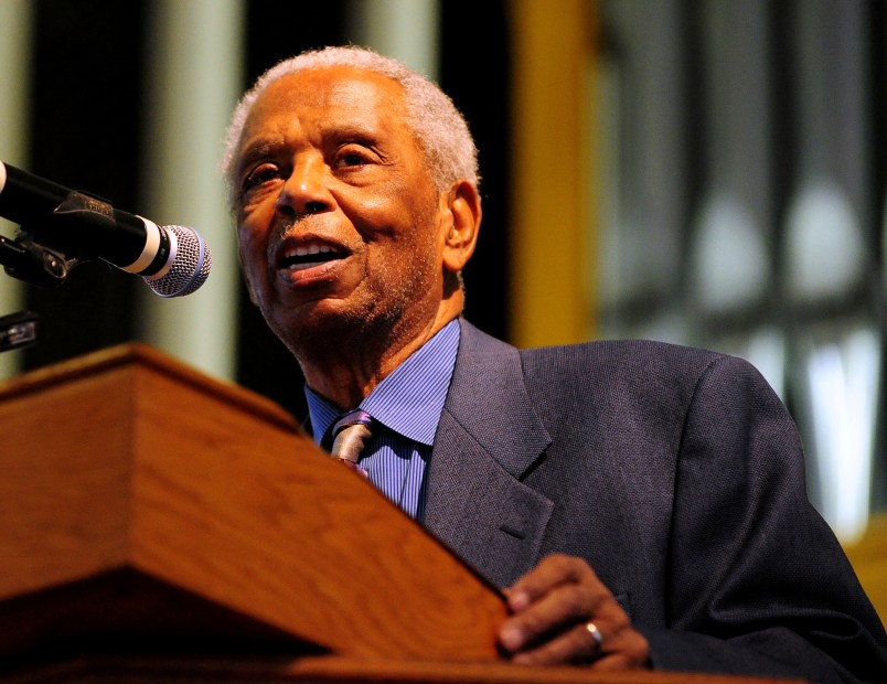 Damon Keith, Senior Judge for the U.S. Sixth Circuit Court of Appeals speaks about Nelson Mandela on Sunday, Dec. 15, 2013 in Detroit.  Keith was the keynote speach at the church.  (AP Photo/Detroit News, Ricardo Thomas)  DETROIT FREE PRESS OUT; HUFFINGTON POST OUT