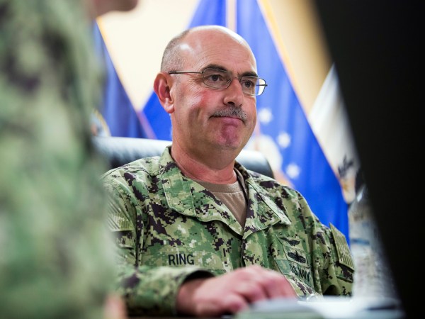 In this photo reviewed by U.S. military officials, U.S. Navy Rear Adm. John Ring, Joint Task Force Guantanamo Commander, pauses while speaking during a roundtable discussion with the media, Wednesday, April 17, 2019, in Guantanamo Bay Naval Base, Cuba. (AP Photo/Alex Brandon)