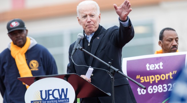 DORCHESTER, MA - APRIL 18:  Former Vice President Joe Biden speaks in front of a Stop & Shop in support of union workers on April 18, 2019 in Dorchester, Massachusetts. Thousands of unionized Stop & Shop workers across New England walked off the job last week in an ongoing strike in response to a proposed contract which the United Food & Commercial Workers union says would cut health care benefits and pensions for employees.  (Photo by Scott Eisen/Getty Images) *** Local Caption *** Joe Biden