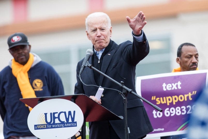 DORCHESTER, MA - APRIL 18:  Former Vice President Joe Biden speaks in front of a Stop & Shop in support of union workers on April 18, 2019 in Dorchester, Massachusetts. Thousands of unionized Stop & Shop workers across New England walked off the job last week in an ongoing strike in response to a proposed contract which the United Food & Commercial Workers union says would cut health care benefits and pensions for employees.  (Photo by Scott Eisen/Getty Images) *** Local Caption *** Joe Biden