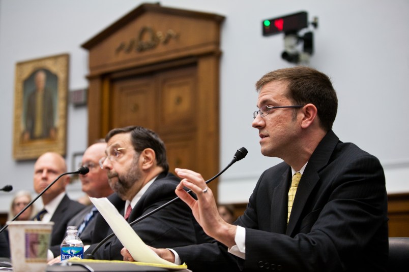 WASHINGTON - SEPTEMBER 15: Stephen Crimmins, partner at K&L Gates LLP, Jonathan "Jack" Katz, a former secretary of the Securities and Exchange Commision, Harvey Pitt, Chief Executive Officer of Kalorama Partners LLC, and J.W. Verret, assistant professor of law at George Mason University School of Law (L-R), testify at a hearing on Capitol Hill on September 15, 2011 in Washington, DC. The hearing focused on recent legeslative proposals to increase the efficiency of the agency in the face of budget restrictions. (Photo by Brendan Hoffman/Getty Images) *** Local Caption *** Harvey Pitt;Jonathan "Jack" Katz;Stephen Crimmins;J.W. Verret