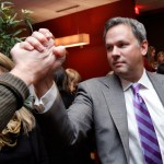 Republican candidate for Lt. Governor Dan Forest is greeted by a supporter as he watches election returns at Sparians, an entertainment complex in North Hills in Raleigh, North Carolina on Tuesday, November 6, 2012. Forest is running against Democrat Linda Coleman. (Chris Seward/Raleigh News & Observer/MCT)