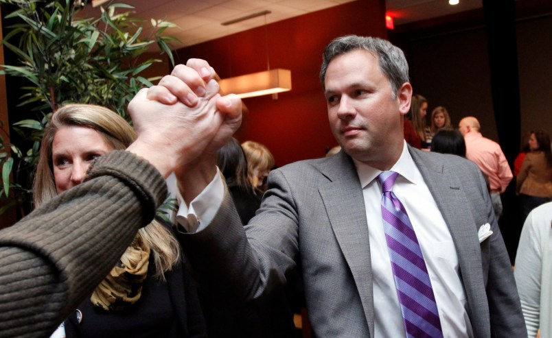 Republican candidate for Lt. Governor Dan Forest is greeted by a supporter as he watches election returns at Sparians, an entertainment complex in North Hills in Raleigh, North Carolina on Tuesday, November 6, 2012. Forest is running against Democrat Linda Coleman. (Chris Seward/Raleigh News & Observer/MCT)