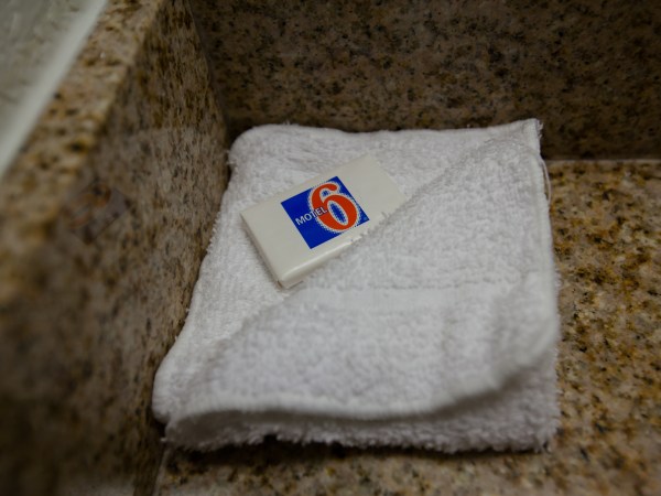 Soap on sink at a Motel 6,  a low cost budget conscious hotel chain located in cities across the United States of America.