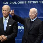 PHILADELPHIA, PA - OCTOBER 16: Sen. John McCain (R-AZ) give a thumbs up before receiving  the the 2017 Liberty Medal from former Vice President Joe Biden (left) at the National Constitution Center on October 16, 2017 in Philadelphia, Pennsylvania. (Photo by William Thomas Cain/Getty Images)