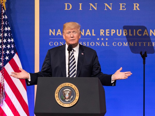 President Donald Trump delivers remarks at the National Republican Congressional Committee March Dinner at the National Building Museum on March 20, 2018 in Washington, D.C. Photo by Kevin Dietsch/UPI