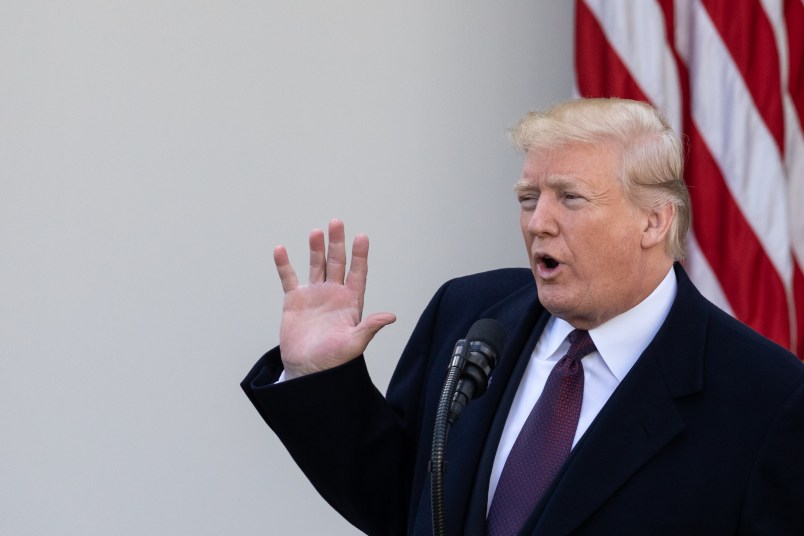 U.S. President Donald Trump speaks before pardoning the National Thanksgiving Turkey, ‘Peas,’ in the Rose Garden at the White House, in Washington, DC., on Tuesday November 20, 2018. Following the presidential pardon, Peas will join Carrots, the other pardoned turkey, at Virginia Tech’s "Gobblers Rest" exhibit in Blacksburg, Virginia.(Photo by Cheriss May/NurPhoto)