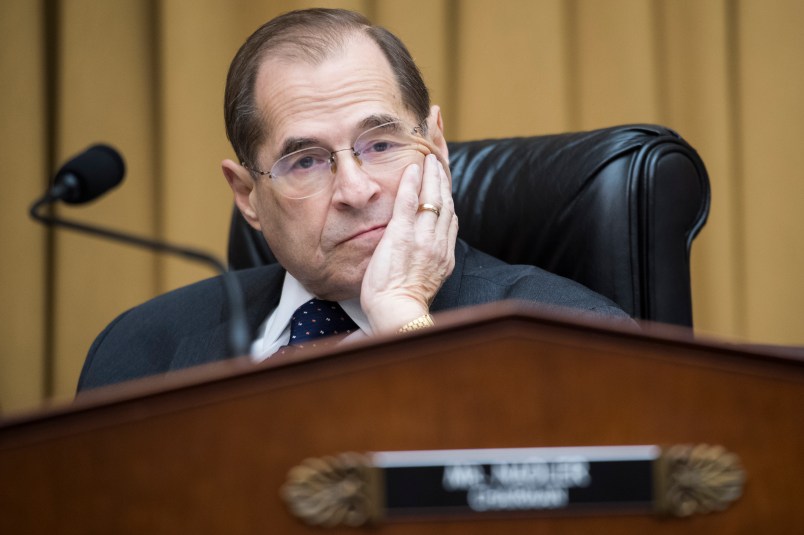 UNITED STATES - MAY 2: Chairman Jerrold Nadler, D-N.Y., prepares to begin a House Judiciary Committee hearing in Rayburn Building that was scheduled to feature testimony by Attorney General William Barr on Russian Interference in the 2016 election and the Robert Mueller report on Thursday, May 2, 2019. Barr did not show up for the hearing citing displeasure with the format. (Photo By Tom Williams/CQ Roll Call)