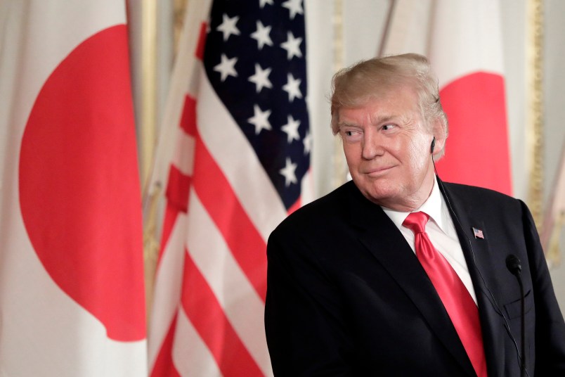 U.S. President Donald Trump reacts during a news conference with Shinzo Abe, Japan's prime minister, not pictured, at Akasaka Palace in Tokyo, Japan, on Monday, May 27, 2019.  Photographer: Kiyoshi Ota/Bloomberg