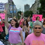 Ruth Bromer, 63 of Raleigh, North Carolina (foreground) and Jennifer Hesse, 34, of Cary (center) shout slogans on the BiCentennial Plaza  across from the Legislative Building as the North Carolina Senate gave its approval to a series of abortion restrictions Wednesday, July 3, 2013 in Raleigh, North Carolina. The bill, when originally introduced prohibited the recognition of foreign law, such as Islamic Sharia law, in family courts, was changed Tuesday with little public notice and the new bill titled the Family, Faith and Freedom Protection Act, added anti-abortion legislation. Senators voted 29-12 to approve House Bill 695. (Chuck Liddy/Raleigh News & Observer/MCT)