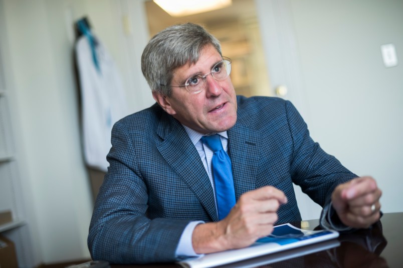 UNITED STATES - AUGUST 31: Stephen Moore of The Heritage Foundation is interviewed by CQ in his Washington office, August 31, 2016. (Photo By Tom Williams/CQ Roll Call)