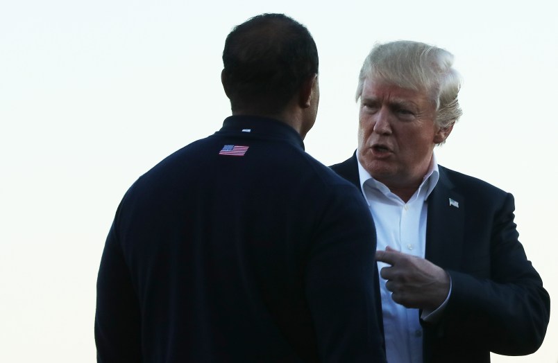 during Sunday singles matches of the Presidents Cup at Liberty National Golf Club on October 1, 2017 in Jersey City, New Jersey.