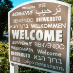 Florida, Upper Florida Keys, Key Largo, Hilton Key Largo Resort, hotel, entrance, sign, welcome, multiple languages, Spanish, English, German, Russian, Chinese, Italian, French, Hebrew, Farsi,