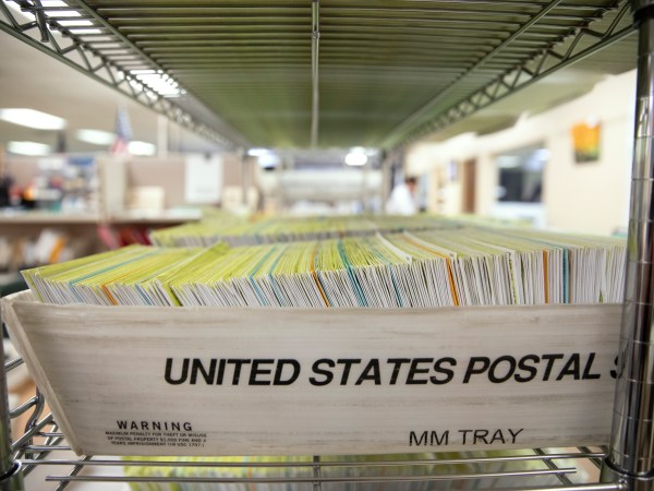 MODESTO, CA - NOVEMBER 06: Mailed in ballots sit in US Postal Service bins inside the office of the Stanislaus County Clerk on November 6, 2018 in Modesto, California. Stanislaus County is in California's 10th Congressional District which is host to a close race for US Congress between Democrat Josh Harder and Republican Jeff Denham. (Photo by Alex Edelman/Getty Images)