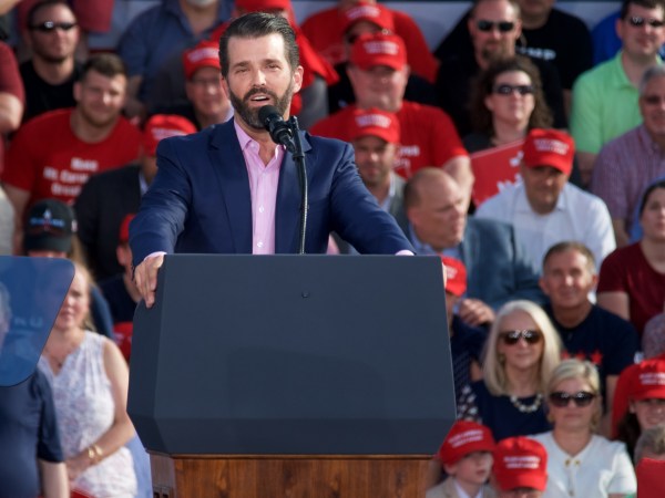 Donald Trump Jr. speaks during a 'Make America Great Again' campaign rally at Williamsport Regional Airport, May 20, 2019 in Montoursville, Pennsylvania. (Photo by Bastiaan Slabbers/NurPhoto)