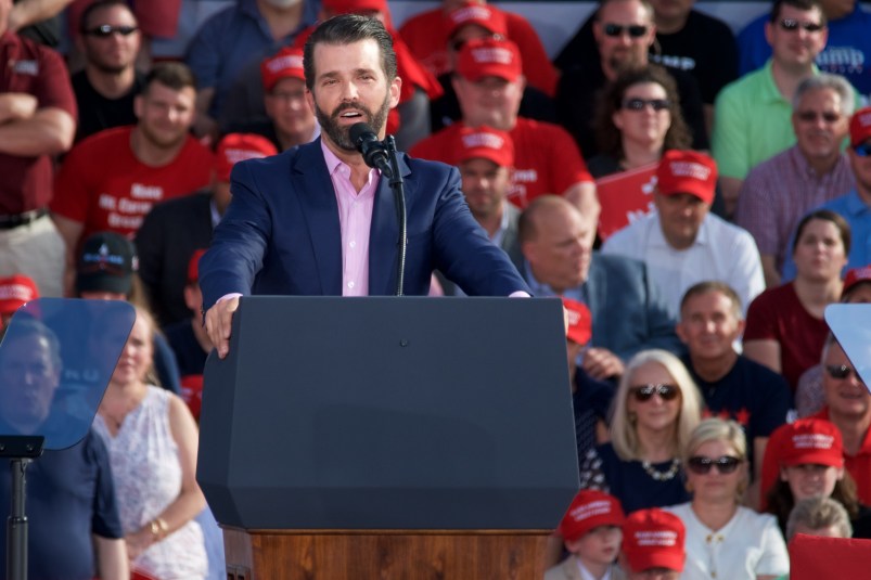 Donald Trump Jr. speaks during a 'Make America Great Again' campaign rally at Williamsport Regional Airport, May 20, 2019 in Montoursville, Pennsylvania. (Photo by Bastiaan Slabbers/NurPhoto)