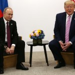 OSAKA, JAPAN - JUNE,28 (RUSSIA OUT) U.S. President Donald Trump (R) and Russian President Vladimir Putin (L) attend their bilateral meeting at the G20 Osaka Summit 2019, in Osaka, Japan, June,28,2019. Vladimir Putin has arrived to Japan to partcipate the G20 Osaka Summit and to meet U.S.President Donald Trump.  Photo by Mikhail Svetlov/Getty Images