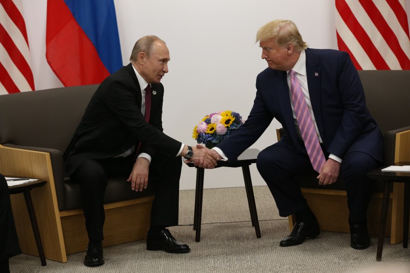 OSAKA, JAPAN - JUNE,28 (RUSSIA OUT) U.S. President Donald Trump (R) and Russian President Vladimir Putin (L) attend their bilateral meeting at the G20 Osaka Summit 2019, in Osaka, Japan, June,28,2019. Vladimir Putin has arrived to Japan to partcipate the G20 Osaka Summit and to meet U.S.President Donald Trump.  Photo by Mikhail Svetlov/Getty Images